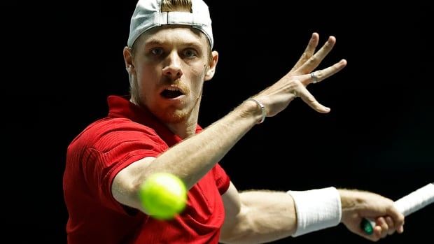 Denis Shapovalov of Richmond Hill, Ont., in action during his singles match against Argentina's Francisco Cerundolo in Canada's Davis Cup tie on Sept. 10, 2024 in Manchester, England.