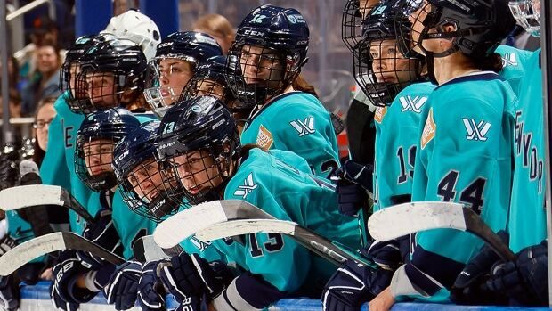 Members of the PWHL New York team, which recently was named the Sirens, watch play during a March 3, 2024 game against visiting Minnesota at UBS Arena in Elmont, New York. 