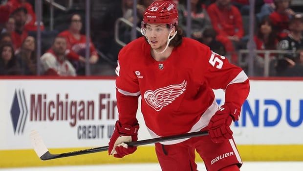 Detroit Red Wings defenceman Moritz Seider plays against the Buffalo Sabres at Little Caesars Arena on March 16, 2024 in Detroit, Michigan.