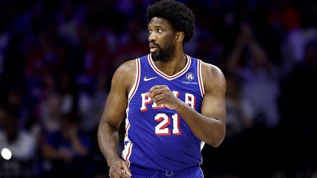 Philadelphia 76ers all-star centre Joel Embiid looks on during during an NBA playoff game against the visiting New York Knicks at the Wells Fargo Center on May 2, 2024.