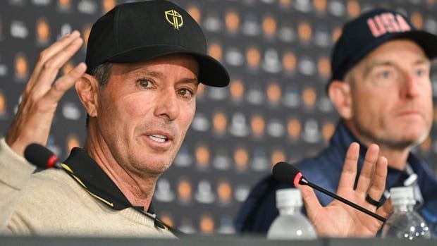 International team captain Mike Weir and United States team captain Jim Furyk speak during a Sept. 24, 2024 news conference at the Presidents Cup at Royal Montreal Golf Club.