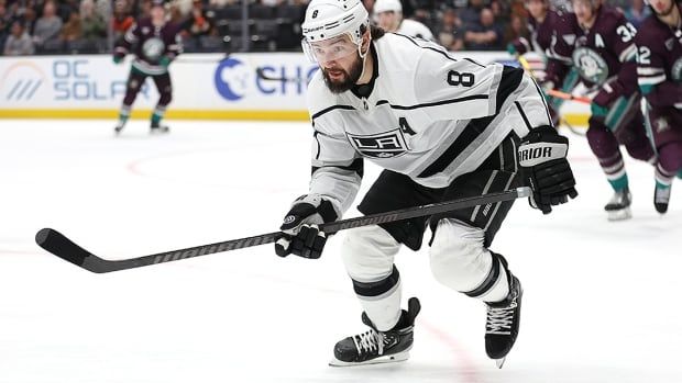 Los Angeles Kings defenceman Drew Doughty skates during a regular-season game against the hometown Anaheim Ducks at Honda Center on April 09, 2024 in California.