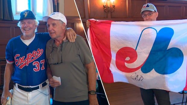 Former pitch Bill Lee poses with a fan on the left. On the right, a fan holds up a signed expos flag.