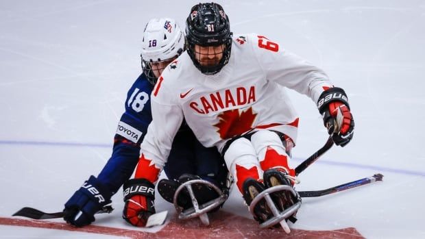 A para ice hockey player wearing a Canadian jersey is seen fighting for the puck in a game.