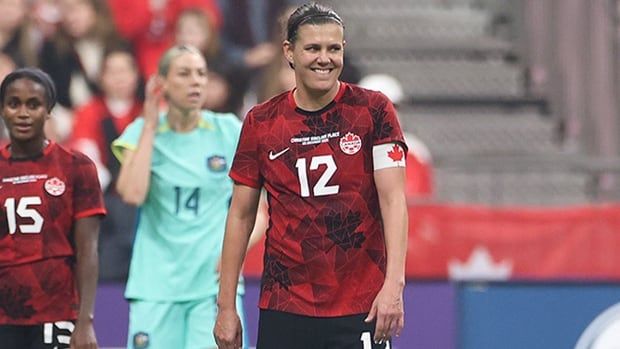 Former Canada women’s soccer captain Christine Sinclair reacts during a match against Australia at BC Place Stadium in Vancouver on Dec. 05, 2023. 