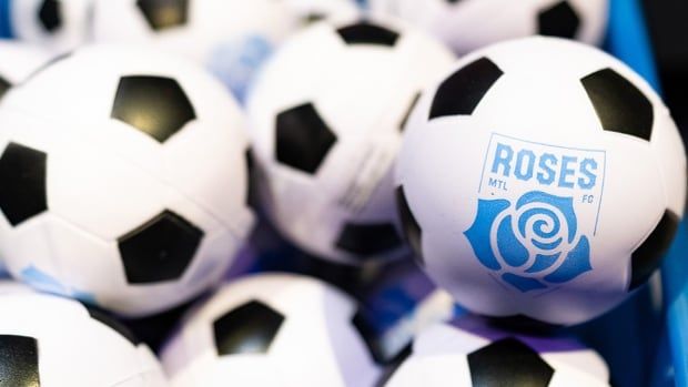 New merchandise is pictured as Montreal's Norther Super League women's professional soccer franchise unveils a new logo and the name Roses FC on Oct. 8, 2024.