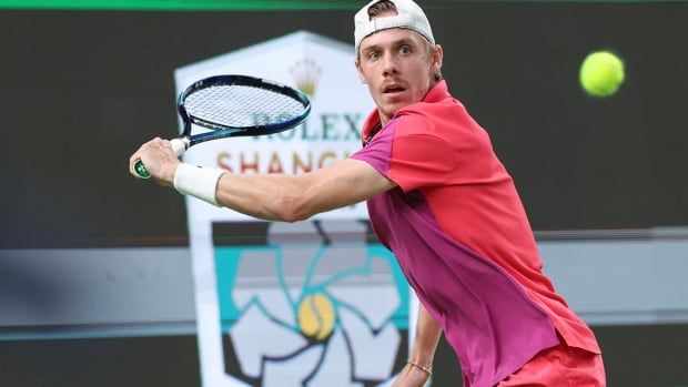 Canadian men's tennis player Denis Shapovalov returns a shot in a second-round qualifying match against Sho Shimabukuro of Japan at the Shangha Masters on Oct. 1, 2024 in China.