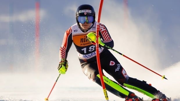 A women's alpine skier competes.