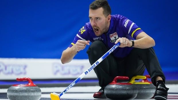 Longtime Alberta skip Brendan Bottcher calls out to the sweepers while playing Team Canada during the playoffs at the Brier in Regina on March 9, 2024.