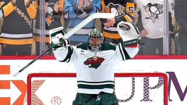 Minnesota Wild goaltender Marc-André Fleury acknowledges fans during following a video tribute to his time with the Penguins during a first-period timeout in in Pittsburgh on Oct. 29, 2024. 