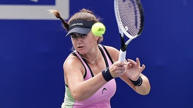 Canada's Marina Stakusic of Canada in action against Kamilla Rakhimova at Optics Valley International Tennis Center on Oct. 5, 2024 in Wuhan, China. 