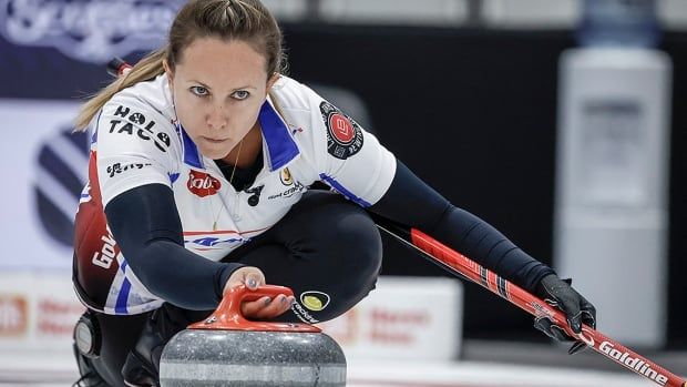 Canadian skip Rachel Homan delivers a stone during curling action at the PointsBet Invitational in Calgary on Sept. 25, 2024.