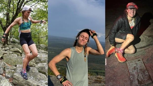 Composite image of three Tara Dower on The Appalachian Trail pictures. Left most, running downhill, middle, resting on a ridge top, Right, arriving at the southern finishing point of the famous 3500+kilometer run