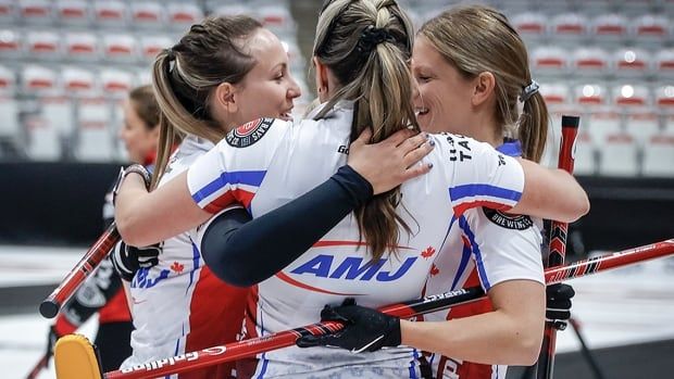 Canadian skip Rachel Homan celebrates with her teammates after winning the women's curling final at the PointsBet Invitational in Calgary, Alta., on Sept. 29, 2024. 