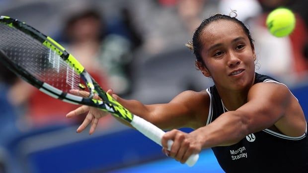 Canadian women's tennis player Leylah Fernandez in action during her Round of 16 match against China's Qinwen Zheng on Oct. 10, 2024. 