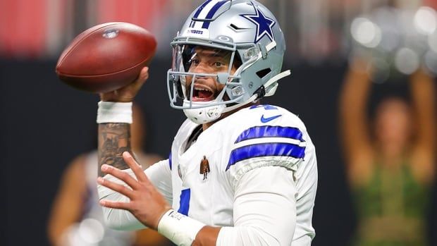 Dallas Cowboys quarterback Dak Prescott throws a pass during the first quarter against the Atlanta Falcons at Mercedes-Benz Stadium on Nov. 3, 2024 in Georgia.