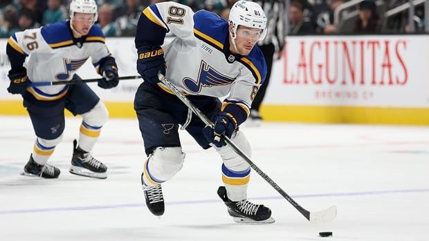 St. Louis Blues forward Dylan Holloway in regular-season action against the San Jose Sharks at SAP Center on Oct. 10, 2024 in California.