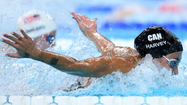 ANTERRE, FRANCE - AUGUST 03: Mary-Sophie Harvey of Team Canada competes in the Women's 4x100m Medley Relay Olympic Games Par