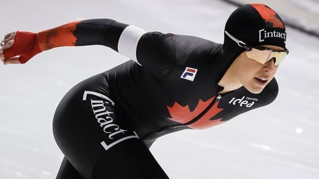 Canadian speed skater Valerie Maltais competes in the women's 5,000-metre event at the ISU World Speed Skating Championships in Calgary on Feb. 18, 2024. 