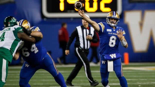 Male Winnipeg Blue Bombers quarterback  throws against the Saskatchewan Roughriders during the first half of CFL Western Conference Final action in Winnipeg Saturday, November 9, 2024. 