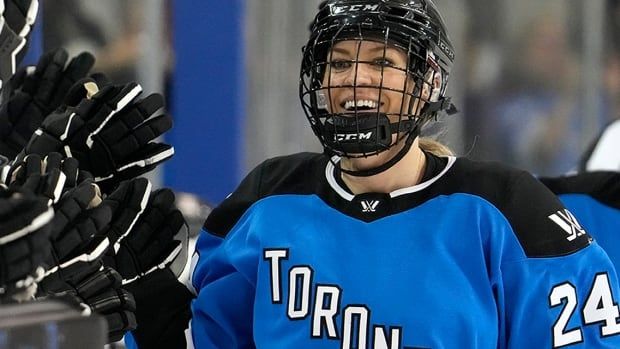  Toronto Sceptres forward Natalie Spooner celebrates her second goal against Ottawa with teammates on the bench during Professional Women's Hockey League action in Toronto on May 5, 2024.