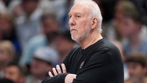 San Antonio Spurs head coach Gregg Popovich looks on while playing the Dallas Mavericks during a regular-season game at American Airlines Center on Oct. 24, 2024 in Dallas, Texas 