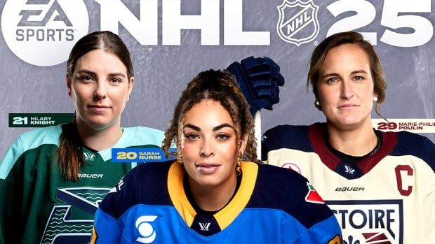 Cover photo of PWHL players Hilary Knight, Sarah Nurse and Marie-Philip Poulin on the NHL 25 video game.