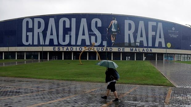 General view outside the Estadio Ciudad de Malaga after the first-round tie between host Spain and Poland was postponed due to a severe weather alert on Nov. 14, 2024. 