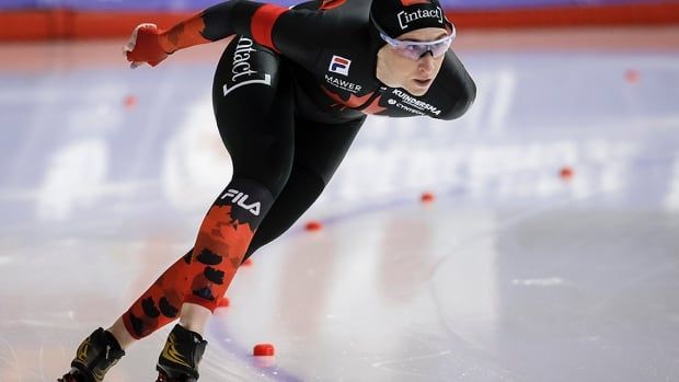 Canadian speed skater Ivanie Blondin competes in the women's 1,500 metres at the ISU world championships in Calgary on Feb. 18, 2024.