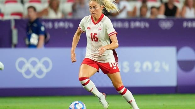 Canada's Janine Beckie participates during a women's Group A soccer match against Colombia at the Olympics on July 31, 2024, at Nice Stadium in France. 