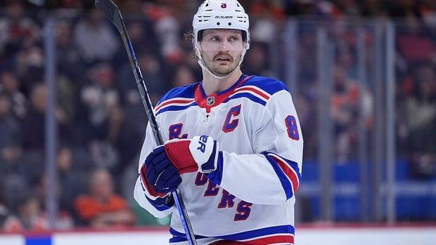 New York Rangers defenceman Jacob Trouba is pictured during a stop in play during a Nov. 29, 2024 NHL regular-season game in Philadelphia.