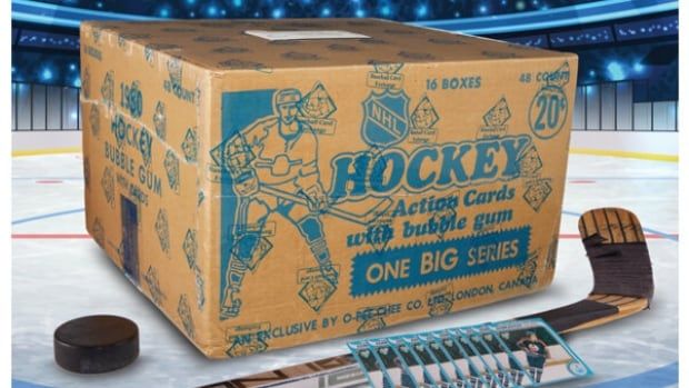 A brown box is in the front with a hockey stick in frame and a blue hockey themed background behind