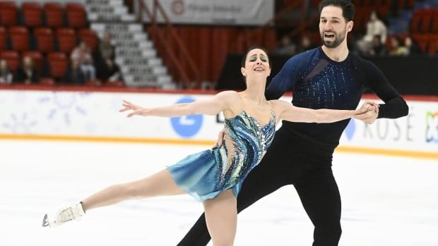 Canadian female and male figure skaters perform during pairs' free skating at the international figure skating competition Finlandia Trophy in Helsinki, Sunday, Nov. 17, 2024.