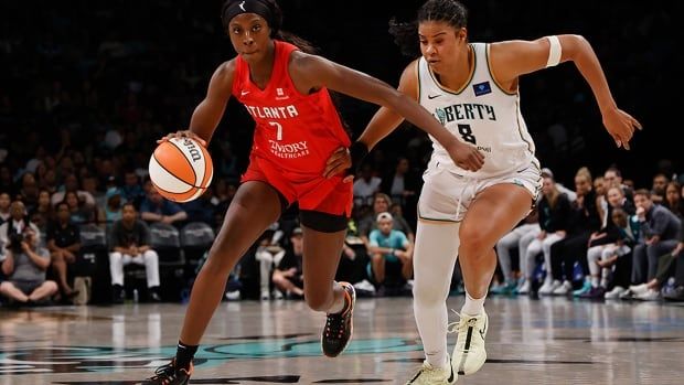 Canadian basketball player Laeticia Amihere of the Atlanta Dream plays against the New York Liberty at Barclays Center on Sept. 19, 2024 in the Brooklyn borough of New York City. 