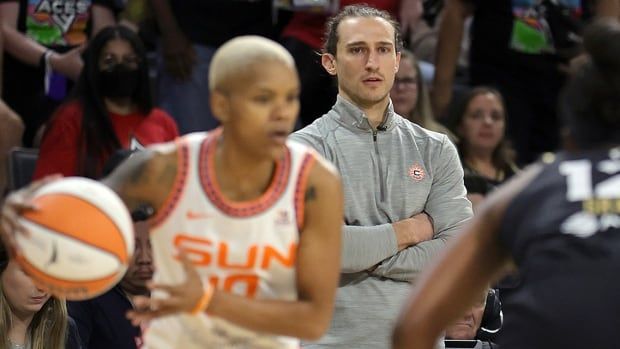 Acting head coach Chris Koclanes of the Connecticut Sun looks on during the team's game against the hometown Las Vegas Aces at Michelob ULTRA Arena on May 31, 2022 in Nevada.