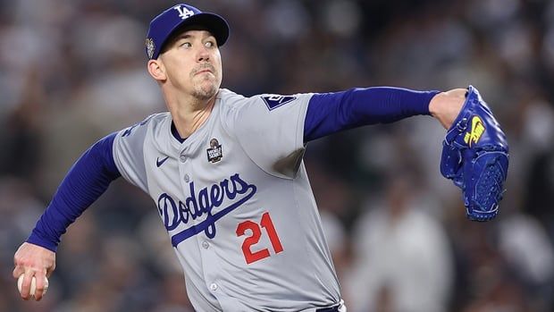 Los Angeles Dodgers starting pitcher Walker Buehler works during a post-season game at Yankee Stadium on October 30, 2024 in New York.