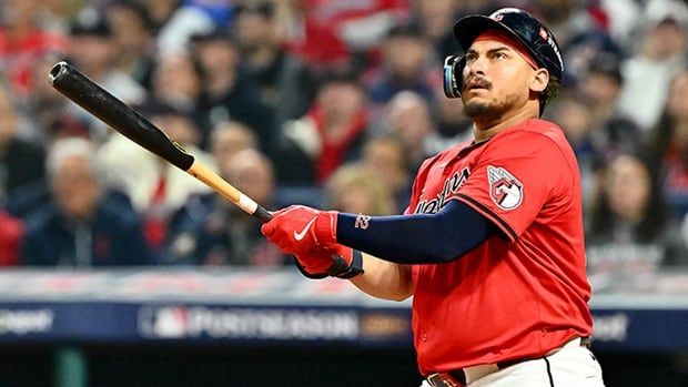 Canadian first baseman Josh Naylor of the Cleveland Guardians flies out in the fourth inning against the visiting New York Yankees during Game 5 of the American League Championship Series at Progressive Field on October 9, 2024.