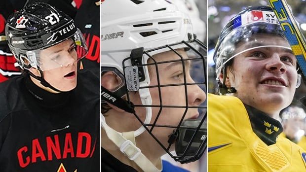 Composite photo of world junior hockey championship players Easton Cowan, James Hagens and Axel Sandin-Pellikka. 