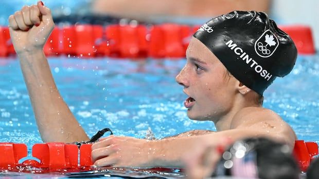 Canada's Summer Mcintosh celebrates at the Paris 2024 Olympic Games.