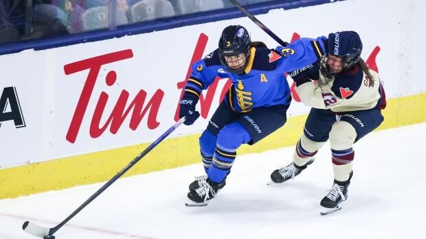 A hockey player is checked by an opponent.