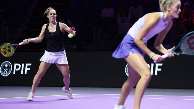 Canadian women's tennis player Gabriela Dabrowski and doubles partner Erin Routliffe of New Zealand in action against Italian tandem Sara Errani of Italy and Jasmine Paolini in round robin play at the WTA Finals on Nov. 5, 2024 in Riyadh, Saudi Arabia. 