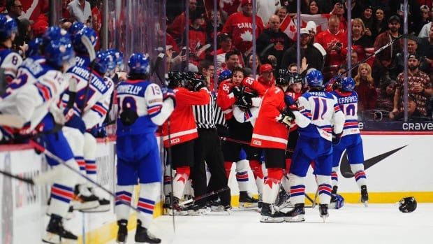 Two men's hockey teams fight on the ice.