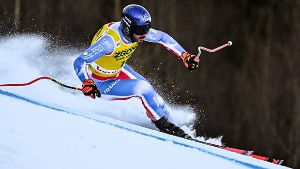 France's Cyprien Sarrazin skies during a training session before crashing ahead of a men's downhill race in Bormio, Italy on December 27, 2024.