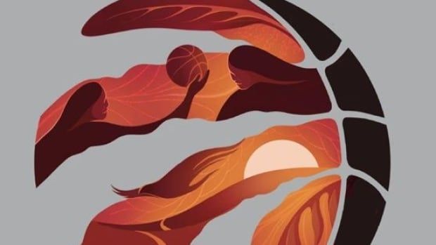 A basketball shaped logo in orange hues shows two people playing basketball with a river flowing over hills as the sun sets and an eagle flies above them.