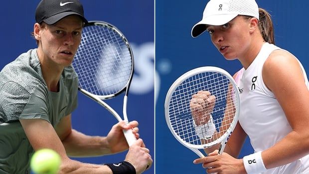 Composite photo of Jannik Sinner and Iga Swiatek competing in separate singles matches at the U.S. Open tennis tournament in New York on Aug. 29, 2024.