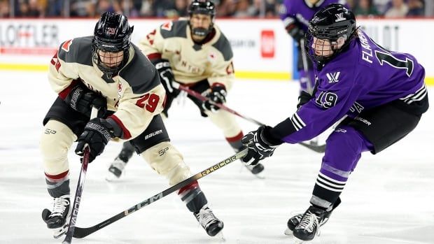 Two hockey players battle for the puck.