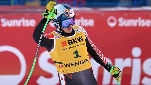 Canadian alpine skier Jack Crawford reacts at the end of his super-G run at a World Cup event in Wengen, Switzerland on January 17, 2025.