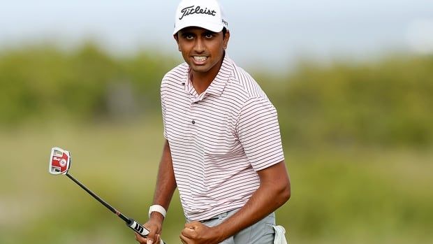 Canadian golfer Sudarshan Yellamaraju clenches his left hand after winning The Bahamas Great Abaco Classic at The Abaco Club 2025 on January 22, 2025 in the  Bahamas. 