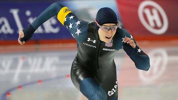 Speed skater Jordan Stolz of the United States races in the men's 500-metre event at the ISU World Cup Speed Skating in Calgary, Alta., Sunday, Jan. 26, 2025.