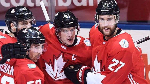 Canada's Sidney Crosby celebrates his goal with teammates, Brad Marchand, Patrice Bergeron, Alex Pietrangelo and Jay Bouwmeester in World Cup of Hockey action against Europe in Toronto on September 21, 2016.